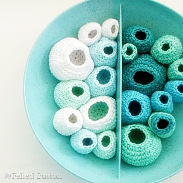 Crochet art by Susan Carlson of Felted Button | Colorful Crochet Patterns, turquoise divided Melmac bowl with crocheted barnacles in turquoise and white