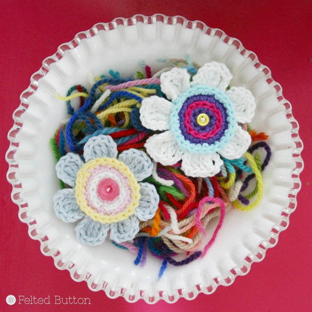 Small, 7 petaled crocheted flowers with slip stitching, crochet pattern Olivia's Flower by Susan Carlson of Felted Button | Colorful Crochet Patterns