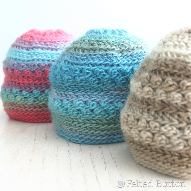 Small newborn crochet hats in blue, red and tan, free crochet pattern by Susan Carlson of Felted Button | Colorful Crochet Patterns, Only Just Born Hat