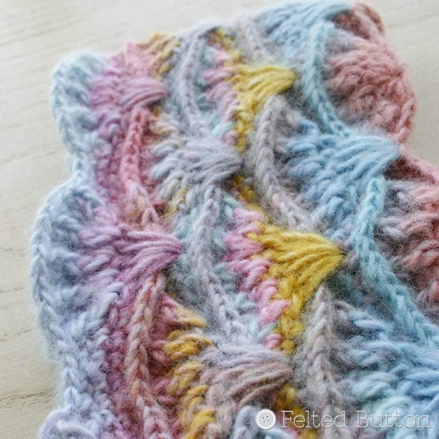 Paintbrush Pillow and Afghan crochet pattern made into cowl with pastel yarn, by Susan Carlson of Felted Button | Colorful Crochet Patterns