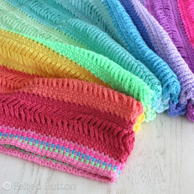 Plaited Throw, rainbow colored and textured afghan crochet pattern by Susan Carlson of Felted Button | Colorful Crochet Patterns