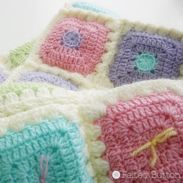 Puffy Patch Blanket, crochet blanket with pastel granny squares, Susan Carlson of Felted Button | Colorful Crochet Patterns