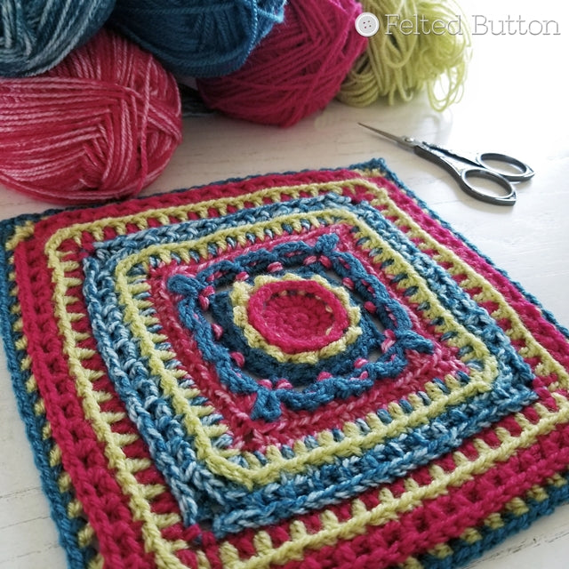 Rinske Square, crochet motif pattern with texture using 3 colors, by Susan Carlson | Felted Button | Colorful Crochet Patterns