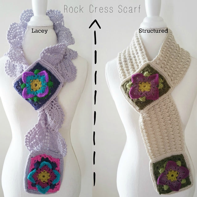 Comparison of two similar scarves, one lacey and one structured, Rock Cress Scarves crochet pattern by Susan Carlson of Felted Button | Colorful Crochet Patterns