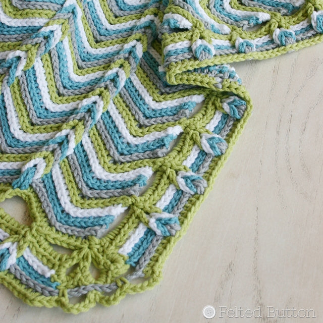 Rolling Ridge Blanket crochet pattern in blues and greens, by Susan Carlson of Felted Button | Colorful Crochet Patterns