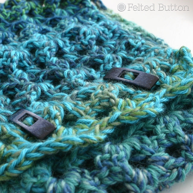 Blues and greens, cowl with toggle buttons, crochet pattern by Susan Carlson of Felted Button | Colorful Crochet Patterns