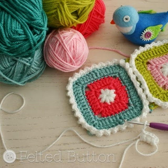 Crochet motifs in pinks and greens by felted bird and yarn, Susan Carlson of Felted Button | Colorful Crochet Patterns