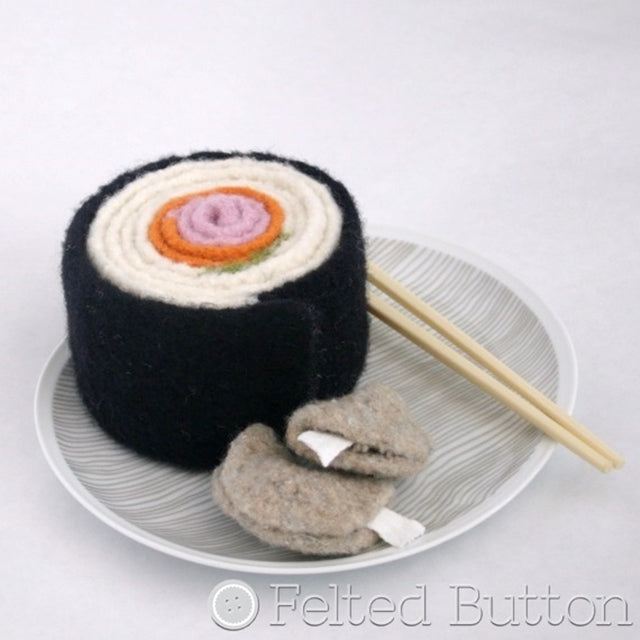 Felted Sushi Roll Scarf, wound on plate with felted fortune cookies, crochet pattern designed by Susan Carlson of Felted Button | Colorful Crochet Patterns