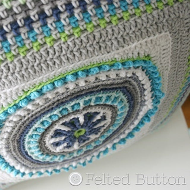 Mandala Pillow crochet pattern part of 3 Taking Shape Pillows in blues, green, white and gray by Susan Carlson of Felted Button | Colorful Crochet Patterns