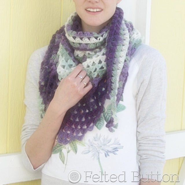 Triangle of Triangles crochet scarf, kerchief in purple and mint on pretty girl, crochet pattern by Susan Carlson of Felted Button | Colorful Crochet Patterns