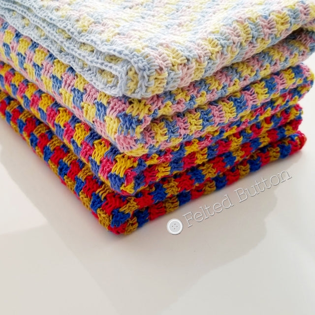 Trio Blanket made with 3 ombre Scheepjes Whirls in red yellow and blue, free crochet pattern  by Susan Carlson of Felted Button colorful crochet patterns