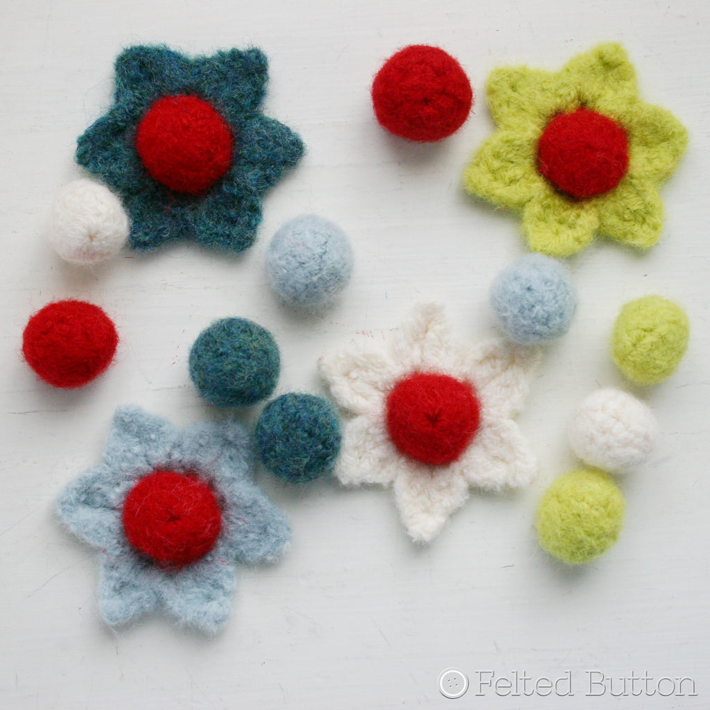 Berries and Blooms Felted garland or bunting or hanging ornament crochet pattern by Susan Carlson of Felted Button to decorate in your home