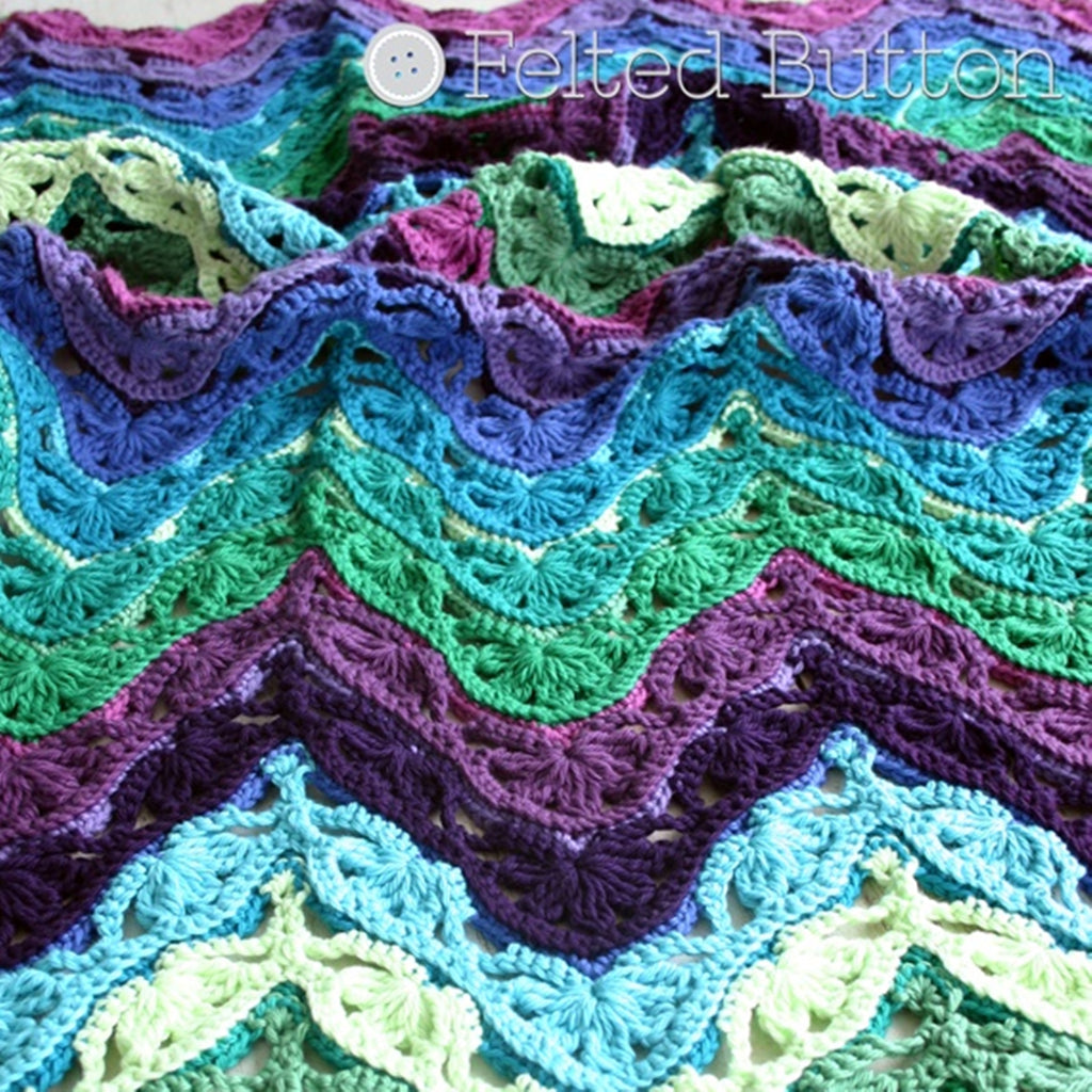 Brighton Blanket crochet pattern by Susan Carlson of Felted Button, blues and purples ripple pattern afghan in cotton