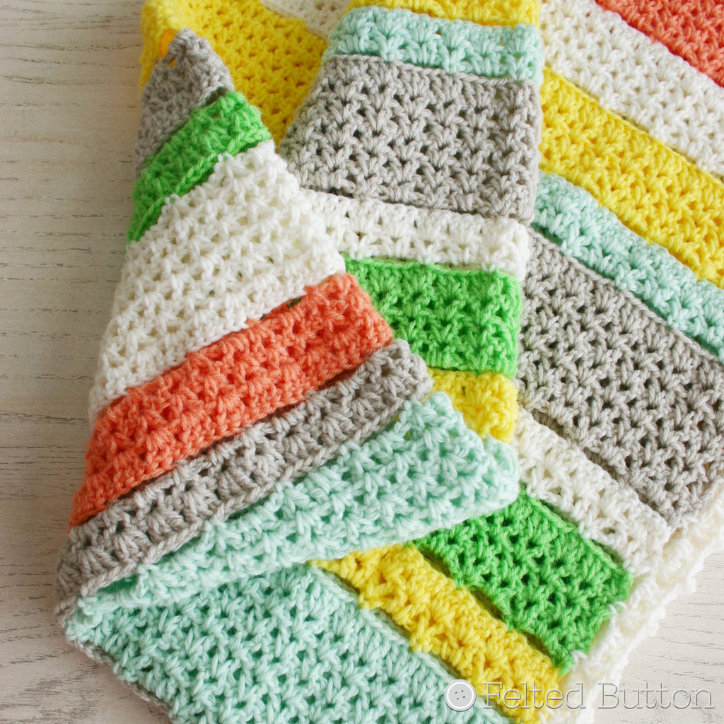 Citrus Stripe Blanket by Susan Carlson of Felted Button, yellow, green, orange and white striped crochet afghan