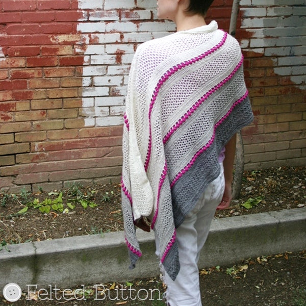 Pretty girl wearing shawl tied around shoulders, Treasures in the Sand Wrap crochet pattern by Susan Carlson of Felted Button