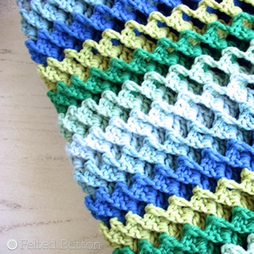Colors of the ocean, richly textured crochet blanket or afghan, Irish Sea Blanket by Susan Carlson of Felted Button, colorful crochet patterns