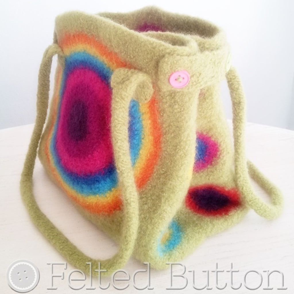 It's Stashing Tote | Crochet Bag Pattern  | Felted Button, crochet pattern for rainbow, boho, colorful felted tote bag or purse made with 100% feltable wool with button closure