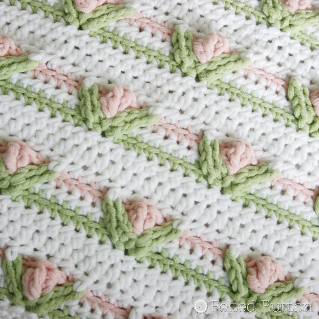 Textured vintage shabby chic rows of pink and green flowers in rows, crochet blanket or pillow pattern, Little Dutch Girl by Susan Carlson of Felted Button