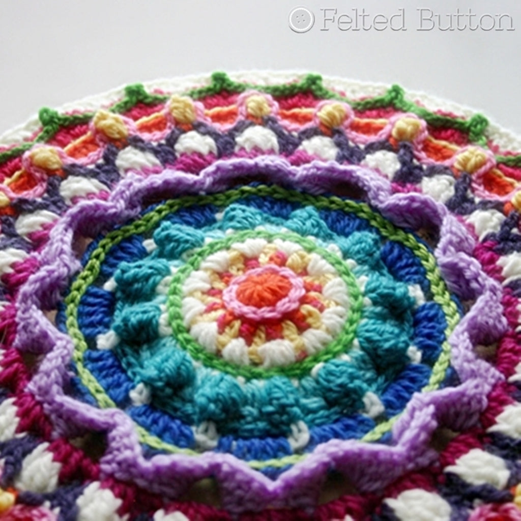 Rainbow colored and textured mandala crochet decor, Mandala and Stool Cover colorful crochet pattern by Susan Carlson of Felted Button