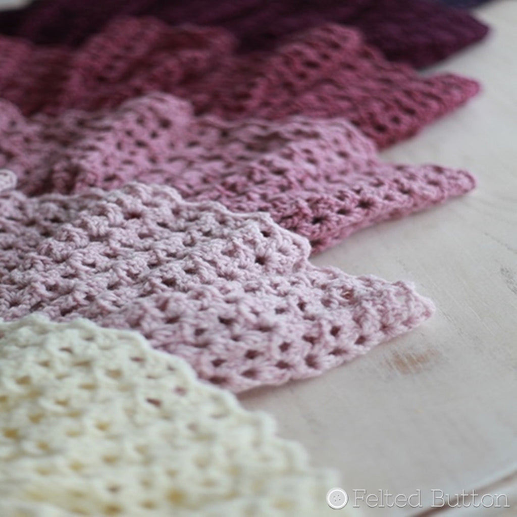 Cream to pink to burgundy ombre ruffles on baby blanket, Ombre Ruffle Blanket crochet pattern by Sussan Carlson of Felted Button