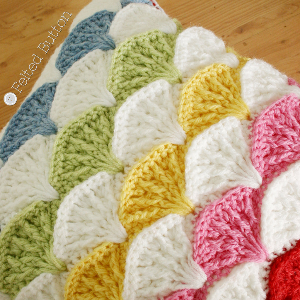 Colorful rainbow crochet textured shell pillow, Paintbrush Pillow crochet pattern by Susan Carlson of Felted Button