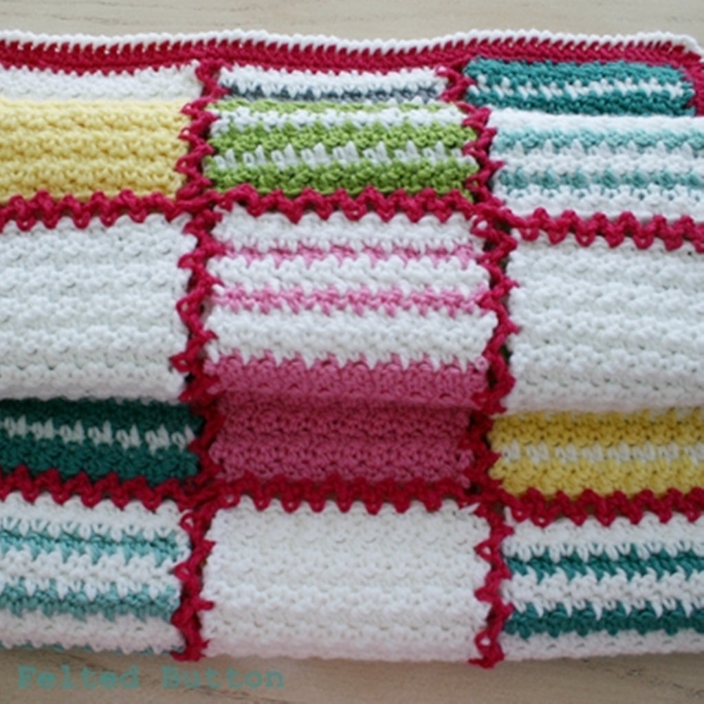 PInk, green, gray and yellow striped patchwork crochet blanket, Patch Me a Line Blanket by Susan Carlson of Felted Button