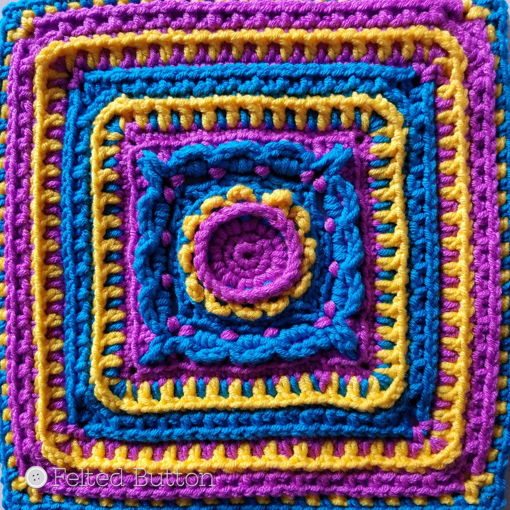 Rinske Square, textured 12" (30.5cm) granny square in 3 colors by Susan Carlson of Felted Button | Colorful Crochet Patterns