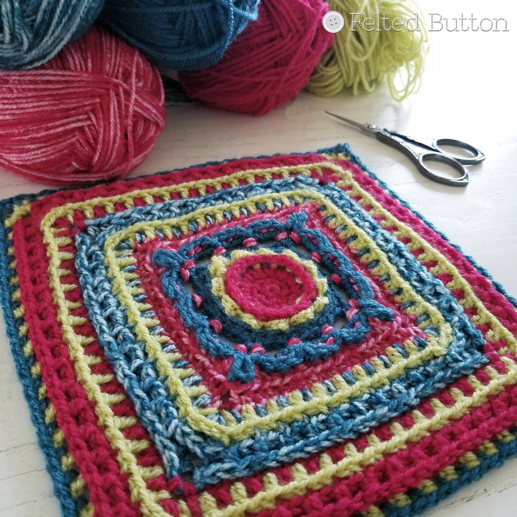 Rinske Square, textured 12" (30.5cm) granny square in 3 colors by Susan Carlson of Felted Button | Colorful Crochet Patterns
