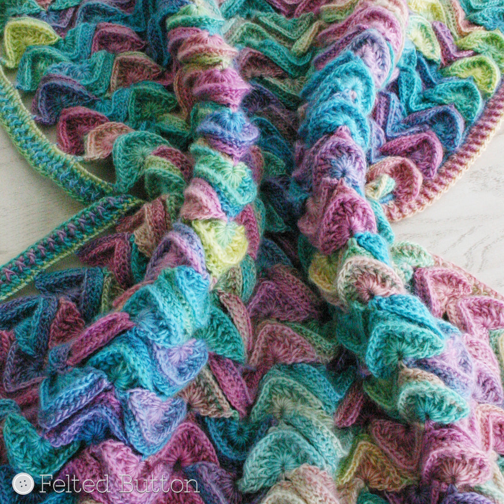 Pastel rainbow of textured crochet motifs making blanket, Sea Song Blanket crochet throw pattern for baby or adult by Susan Carlson of Felted Button