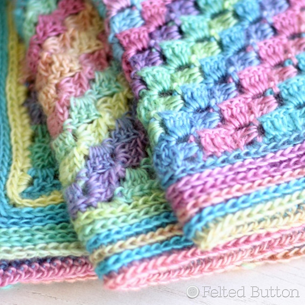 Pastel rainbow corner to corner diagonal striped blanket, Spring into Summer Blanket crochet baby blanket by Susan Carlson of Felted Button