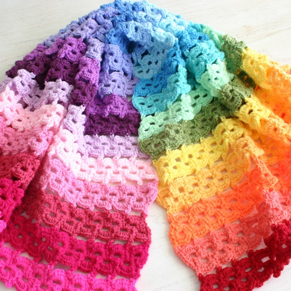 Rainbow crochet blanket in stripes, Pansy Parade Blanket colorful crochet pattern by Susan Carlson of Felted Button
