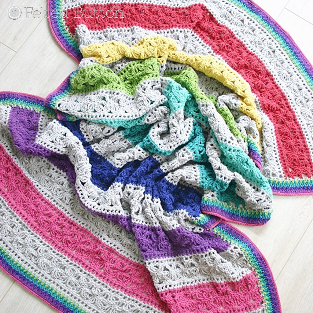 Cabana striped beachy crochet blanket with wide stripes in a rainbow of color, Under the Awning Blanket crochet afghan or throw pattern by Susan Carlson of Felted Button