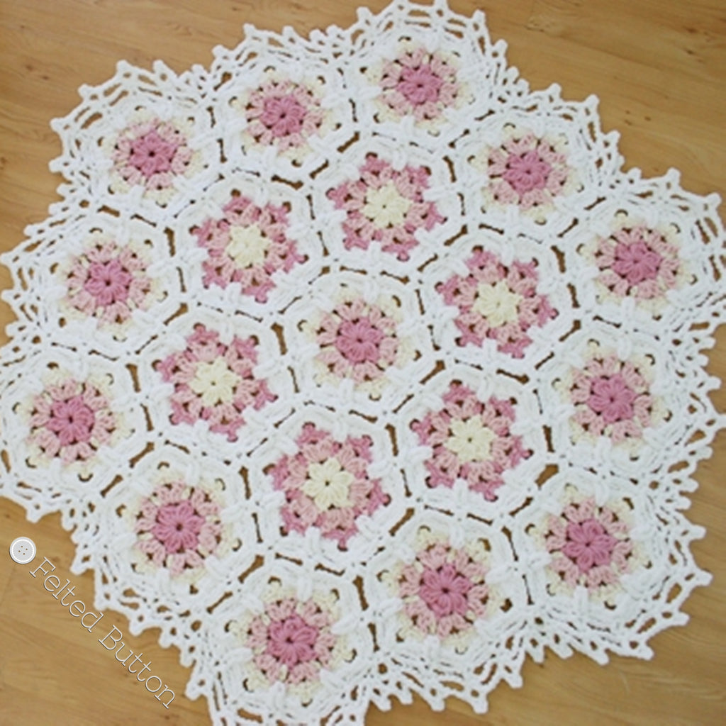 Pink and white lacey heirloom crochet blanket, Vintage Fleur Blanket crochet throw pattern by Susan Carlson of Felted Button