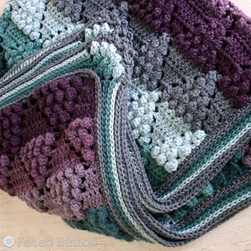 Purples and teals striped and textured blanket with "grapes", Vintage Vineyard Blanket crochet afghan by Susan Carlson of Felted Button
