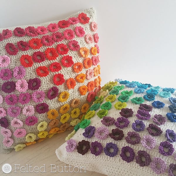 Rainbow covered square Afremov Pillow crochet cushion cover designed by Susan Carlson of Felted Button using Scheepjes Catona and Scheepjes Softfun yarn