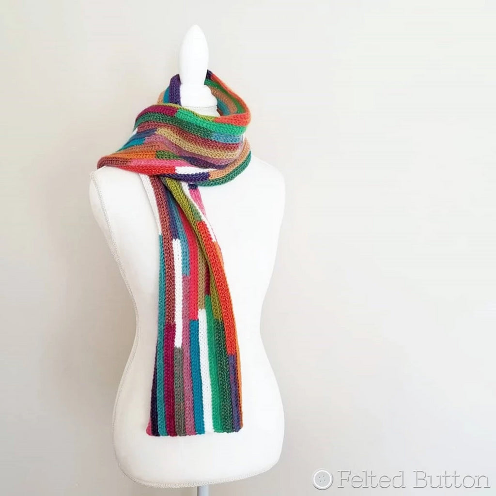 5th Dimension Scarf | Crochet Pattern | Felted Button | striped, colorful scarf