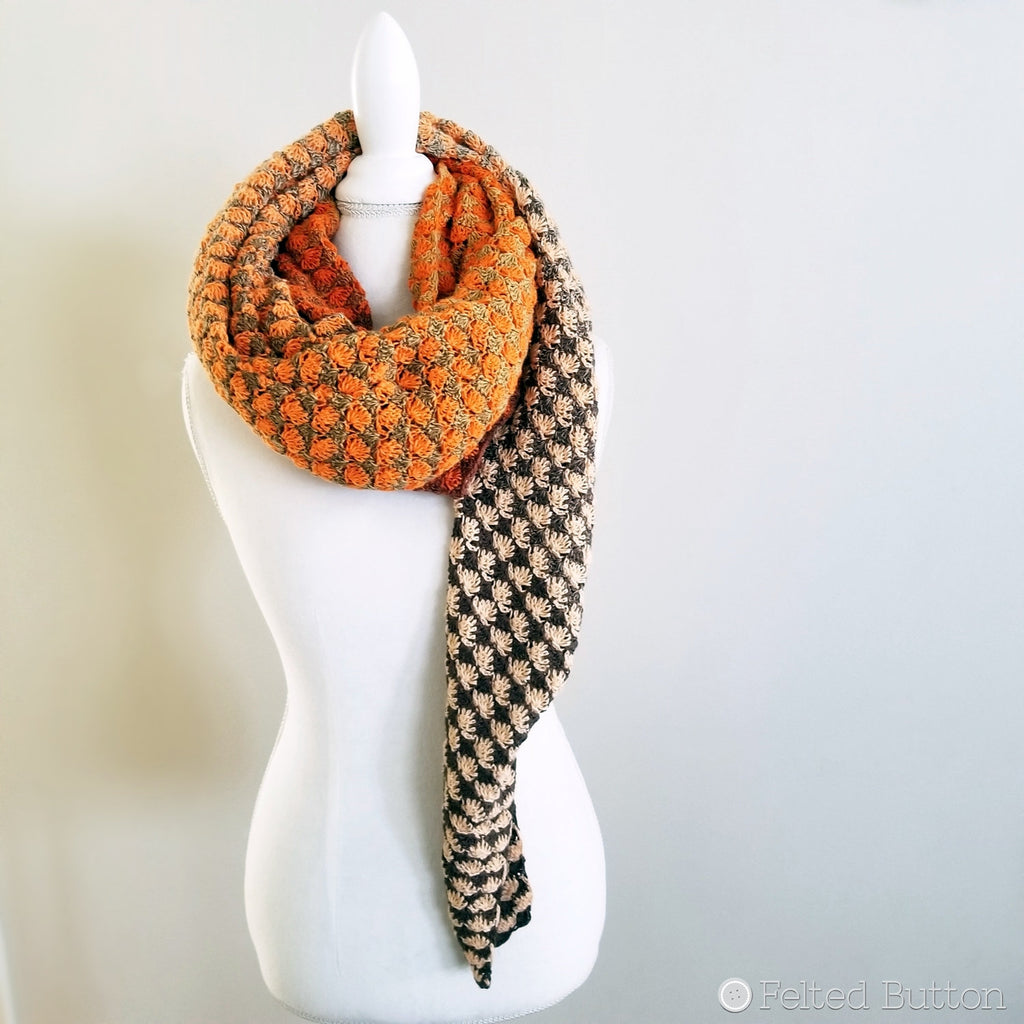 Orange and brown crochet shawl designed by Susan Carlson of Felted Button, Duo Shawl free crochet pattern