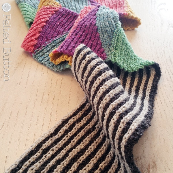 Black and white striped scarf with rainbow color block section, Long and Short Scarf free crochet pattern by Susan Carlson of Felted Button