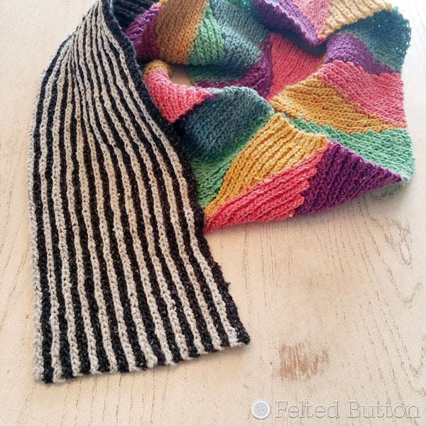 Black and white striped scarf with rainbow color block section, Long and Short Scarf free crochet pattern by Susan Carlson of Felted Button