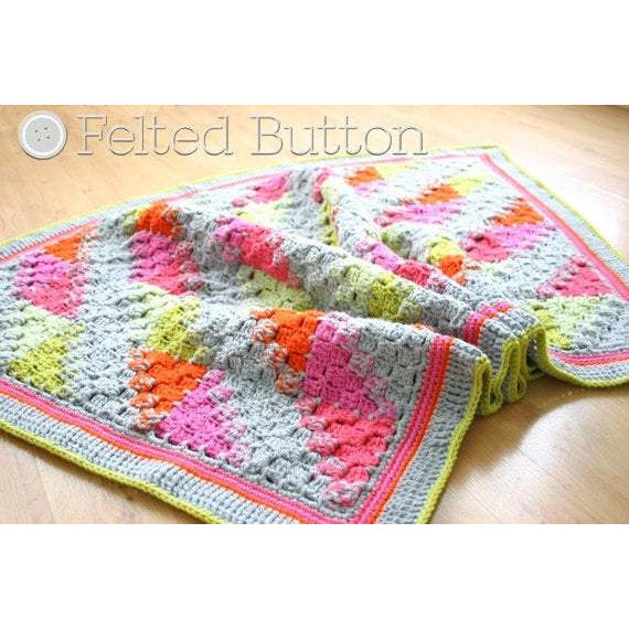 Graphic orange, pink and green crochet blanket, modern crochet, Puzzle Patch Blanket crochet pattern by Susan Carlson of Felted Button